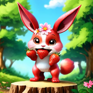 a beautiful animal, long ears, red in color, with flowers on its head, holding strawberries in its teeth.It stands on a stump near the forest 