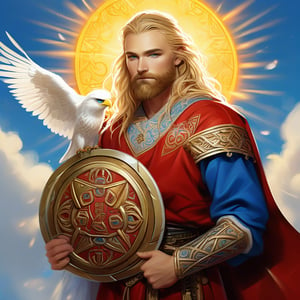 Slavic ancient beautiful blond bearded blue eyed man ancient warrior viking Bogatyr, wearing red and gold white and blue kaftan and chainmail, holding beautiful white falcon, and turquoise shield with beautiful golden sun on it, background sun light jets Celtic ornament, painting by Aleksandr Shilov —ar 2:3 —stylize 250 —v 6.1