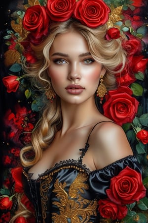 watercolor acrylic Russian woman with red roses in her hair, roses with gold sparkles, model 5 0 0 px, black silk dress with gold sparkles, corset, half-turn look, Nikon d 8 5 0 camera, black intense eyes, random pose, dark background