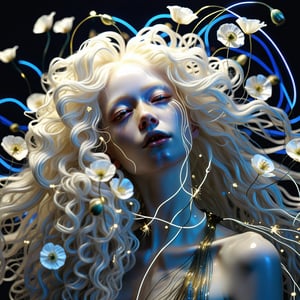 Stardust, pure gold, black, colored neon lines, excellent drawing, dynamics, wind, flower decorations, hyperdetalization, skin drawings, beautiful slender albino woman, delicate facial features, very long iridescent hair, curls, threads, flowers - white poppies, blue neon backlight, glitter, sparks, glow, arbitrary pose, 3d