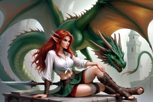 Luis Royo Fantasy-style digital artwork featuring a red-haired elf warrior woman and a green dragon. The elf has long, wavy red hair, pointed ears, and fair skin with freckles. She is dressed in a white blouse tied at the waist, a green and red plaid skirt, and knee-high socks with brown sandals. She has a confident and fierce expression, with one leg bent and the other extended. The green dragon beside her has detailed scales, sharp features, and a majestic presence. The background is a simple gradient, keeping the focus on the characters. In the bottom right corner, there is text in a white, bold font that reads 'carpe draco'.