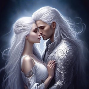  couple white man and woman standing next to each other beautiful fantasy portrait magali villeneuve style long smooth white hair lovers incredibly beautiful image hugs son of the night long grey hair leading to beautiful couple crazy white hair looking at camera midnight castle