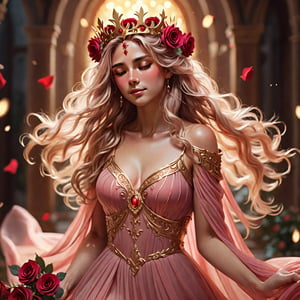 fantasy, woman, detailed face, flowing hair, flowing dress, golden crown, red roses, soft lighting, dreamy, romantic, magical, ethereal, warm color palette, gold, red, pink