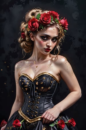 watercolor acrylic Russian woman with red roses in her hair, roses with gold sparkles, model 5 0 0 px, black silk dress with gold sparkles, corset, half-turn look, Nikon d 8 5 0 camera, black intense eyes, random pose, dark background