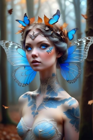 A beautiful ethereal woman with large, delicate butterfly wings attached to her head, surrounded by swirling autumn leaves and other small butterflies. Her striking blue eyes contrast with her porcelain skin, and she wears intricate lace-like tattoos that flow gracefully along her neck and shoulders. The background features an enchanted, misty forest with twisted, ancient trees and a soft glow that adds a dreamlike atmosphere. The colors are warm and vibrant, emphasizing the magical and surreal nature of the scene. Digital painting, ultra-realistic details, soft focus, high contrast lighting, (masterpiece: 1.2), (best quality:1.3), ultra highres, original, (extremely detailed:1.1), perfect lighting