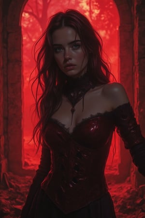  
beautiful european girl in gothic camisole, leather datalized armor with red tint, against the background of a medieval abandoned village, ghostly shimmer on the armor red backlight, in the style of van helsing. Ray tracing, cinematic lighting, trends on artstation