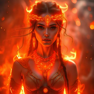 Ethereal woman adorned with fiery chains, fantasy portrait, intricate details, glowing embers, dramatic lighting, smoke tendrils, cinematic composition, vibrant orange and red hues, contrasting shadows, mystical atmosphere, photorealistic quality, high-resolution texture, dynamic pose, intense gaze, flowing hair, 8K render, digital art