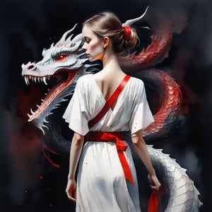  Watercolor painting a woman in a white dress with a dragon on her shoulder and a red belt around her waist, standing in front of a dark background . Vibrant, beautiful, painterly, detailed, textural, artistic