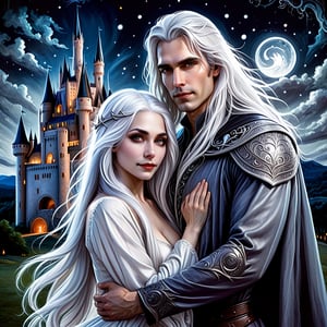  couple white man and woman standing next to each other beautiful fantasy portrait magali villeneuve style long smooth white hair lovers incredibly beautiful image hugs son of the night long grey hair leading to beautiful couple crazy white hair looking at camera midnight castle