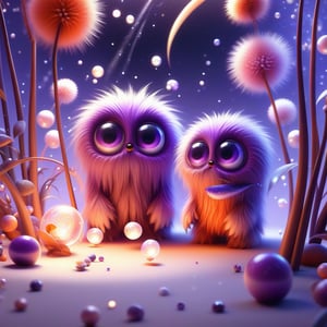 surreal, two absolutely cute fluffy (purple.orange.cinnabar pastel) furry creatures playing (with little magical pearls), white sand, sea, garland of lanterns, water, big eyes, glitter, gentle evening in the tropics, shells with pearls, transparency, fractals of light, sumi-e Midjourney, palm trees, flowers, octane render, fairy tale, bokeh, neon lines + lumens, fireflies, mother-of-pearl highlights, realism, hyperization, hdr