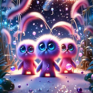 surreal, two absolutely cute fluffy (pink.blue.lilac) furry creatures playing (with little magic pearls), white sand, sea, garland of lanterns, water, big eyes, glitter, gentle evening in the tropics, shells with pearls, transparency, fractals of light, sumi-e Midjourney, palm trees, flowers, octane render, fairy tale, bokeh, neon lines + lumens, fireflies, mother-of-pearl highlights, realism, hyperization, hdr