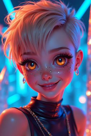 cyberpunk, detailed face, cheerful girl 18 years old, juicy unusual hair colour, pixie hairstyle, face decorated with iridescent rhinestones, playful eyes, background neon blue-orange with crystals, soft glowing lights, reflections, vibrant colors, dynamic composition, high contrast, futuristic elements, modern art style