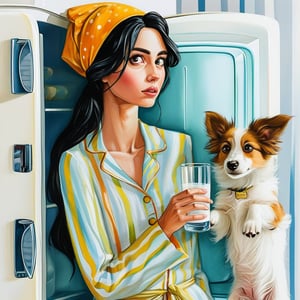 on white background watercolor acrylic casual pose woman with long dark hair standing in front of open refrigerator fantasy art towel on head realistic female face inspired by sheila mcclean she holds glass of milk disney style art in colorful pajamas inspired by sheila beckett drinking puppy jumping from floor