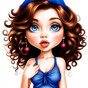  Watercolor chibi style, confident woman with long brown hair framing her beautiful, expressive face with big blue eyes. She wears bracelets, earrings and a cap. Dressed in jeans and a blue t-shirt, she stands on the floor in black high heels on a white background. Modifiers: kawaii style, high detail, sharp focus, Inspired by artgerm and Linda Garland. 4K UHD resolution, digital illustration. white background around.