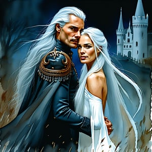 watercolor noir couple of white man and woman standing next to each other, beautiful fantasy style portrait, Magali Villeneuve style, long smooth white hair, lovers, incredibly beautiful image, hugging, son of the night, long gray hair leading to a beautiful couple, crazy white hair, looking in your direction, midnight castle