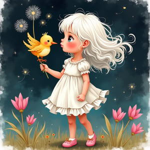 A bright whimsical illustration of a 5 year old girl with white curls, bangs, wearing a white ruffled dress and a print of a cute bird with naughty feathers and polka dot wings, holding a dandelion in the air and blowing on it. The bird is depicted as happy and stupid. The background is airbrushed and textured with pops of lavender, turquoise, black, pink and cream with some glitter thrown in. dark background