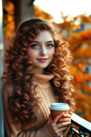  Portrait of a beautiful, sweet girl with freckles, large shiny amber eyes, long eyelashes, curly brown hair, styled in a hairstyle of two high bunches. Background with autumn leaves, she is standing on the balcony, drinking morning coffee, lace, dawn of autumn, bottom view, neon, high resolution, high detail.