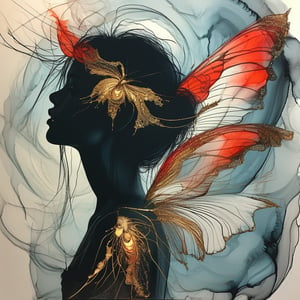 Silhouette Art, breathtaking a lineart (vibrant alcohol ink sketch). [magnificent, shiny, intriguing weirdness, extravaganza, mystery of darkness, unusual natural aesthetics, glossy]. dark hues of red and shiny gold color scheme. macro shot of a pixie with large butterfly wings, Inkstains . award-winning, professional, highly detailed . extremely high-resolution details, photographic, realism pushed to extreme, fine texture, incredibly lifelike, high contrast, well defined . beautiful, lovely, mesmerizing, radiant, enchanting, splendid.