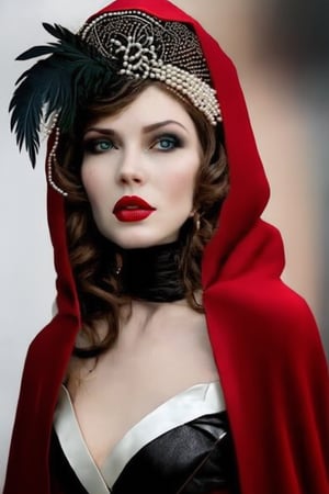 photo, Russian woman dress in Chicago style, headdress with pearls and feathers, red lipstick, random different positions of hands, cape made of natural fox fur, gray blurred background