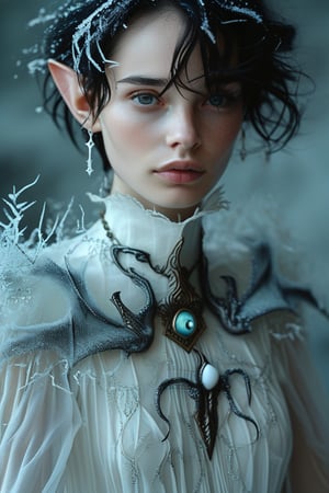 the woman is half elf, beautiful, short, fragile, with black and white long hair, fashion white dress made of frost, shimmers and glitters, a pendant with a dragon's Eye stone on her neck, a fantasy, -ar 3: 4