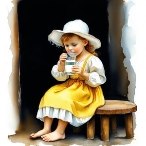  watercolor, acrylic, random pose, white girl, 3 years old, sitting on a wooden stool, inspired by Pieter de Hooch, wearing a white cap, bonnet, drinking milk from a glass, colonial style, white blouse, yellow sundress, barefoot, dark background