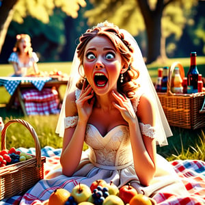 playful bride on a picnic, featuring a cinematic stop-motion shot, amusing expression, exaggerated features, detailed clothing, textured shading, bold outlines, soft lighting, playful atmosphere, dynamic pose, expressive eyes, vibrant color palette