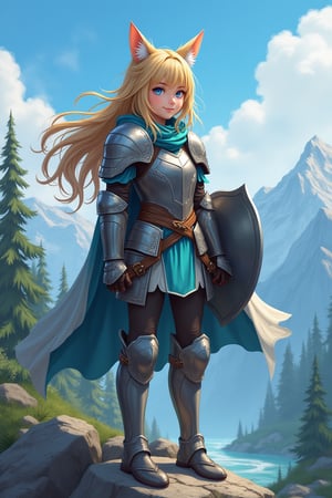    girl powerful hero, in armor, long hair, cat ears on head, perfect blue eyes, stands on mountain tracking enemies, against blue sky, river, forests. Detailing, realism, drawing small details