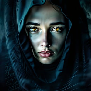  A woman's face emerges from a shroud of dark, swirling mist, her eyes piercing and intense. Her expression conveys a sense of raw emotion, with an ethereal, magical light emanating from her eyes. The background is obscured in a hazy, ethereal atmosphere, with the faint glow of runes or sigils visible, adding a mystical, otherworldly element to the scene. The lighting is dramatic and high-contrast, casting her features in bold, vibrant colors that heighten the impact of the image.