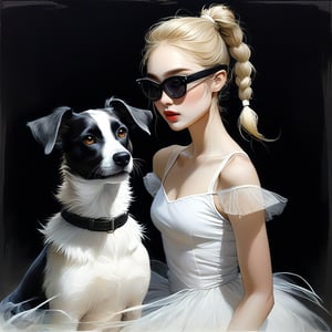 watercolor acrylic, random interesting pose, Russian woman in a white dress and a black and white dog, ballerina, sports glasses on a dog)), for a catalog, blond hair. ponytail, tutu, dark background