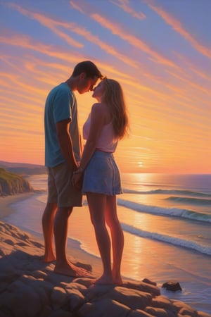 young couple in love looking down on the world, dave palumbo style, seashore, sunset, big brushstrokes, bright happy colors, high detail, sharp focus on faces, photorealistic, artistic, photorealistic, artistic cinematography, long shadows, advanced, chromatic aberration, ultrarealistic, chiaroscuro