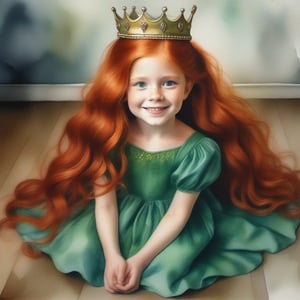  girl with long red hair in a green dress, crown on her head stands on the floor. mysterious smile Watercolor, decoupage style. Hyperrealism caricature