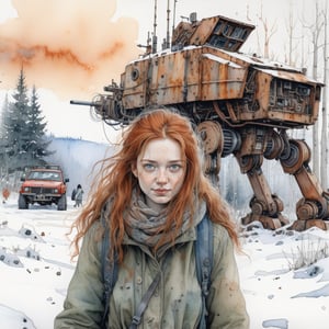 the most detailed watercolor drawing, the world of the post-apocalypse, winter, snow, close-up of a cheerful freckled red-haired girl with long tousled hair with a rifle in her hands, in the background there is a huge walking mechanical robot covered with rust, people in warm fur coats, in the distance you can see a forest and a peasant hut, the most detailed image, many small details, image in the style of Jakub Rozalski, watercolor + ink + fine lines drawing, maximum detail of the face and eyes, best quality, (Masterpiece: 1.5), (best quality:1.5). elaboration of small details, maximum emphasis on faces,