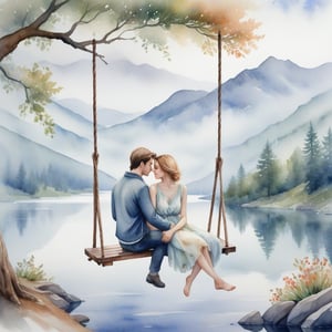 A close-up watercolor painting of a romantic couple sitting on a swing suspended from a tree branch, embracing and looking into each other's eyes, with a scenic view of a lake and misty mountains in the background, and their clothes flowing softly.