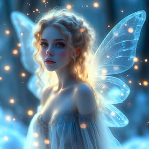 A beautiful fairy woman with large, transparent wings stands on fluffy snow. Her detailed facial features are illuminated by the fireflies flying around her. The image has extreme detail and high clarity.