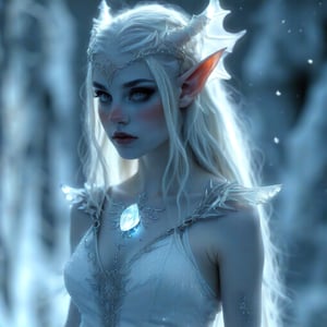 the woman is half elf, beautiful, short, fragile, with black and white long hair, fashion white dress made of frost, shimmers and glitters, a pendant with a dragon's Eye stone on her neck, a fantasy, -ar 3: 4