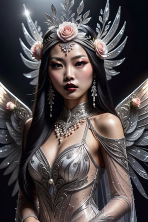 An Asian woman with dark lips, long black straight hair, an intricate headdress made of crystal roses, shimmering crystals, pearls and delicate silver leaves, she is in a thin light tight-fitting dress with beautiful shimmers and slits. With transparent wings decorated to match the headdress. A woman poses gracefully against a dark background with a white transparent haze.