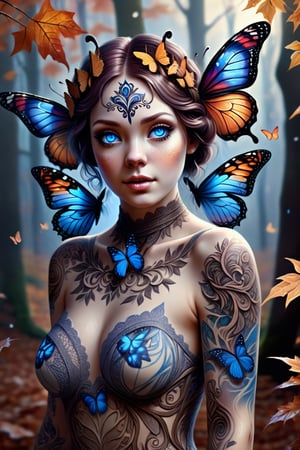 A beautiful ethereal woman with large, delicate butterfly wings attached to her head, surrounded by swirling autumn leaves and other small butterflies. Her striking blue eyes contrast with her porcelain skin, and she wears intricate lace-like tattoos that flow gracefully along her neck and shoulders. The background features an enchanted, misty forest with twisted, ancient trees and a soft glow that adds a dreamlike atmosphere. The colors are warm and vibrant, emphasizing the magical and surreal nature of the scene. Digital painting, ultra-realistic details, soft focus, high contrast lighting, (masterpiece: 1.2), (best quality:1.3), ultra highres, original, (extremely detailed:1.1), perfect lighting