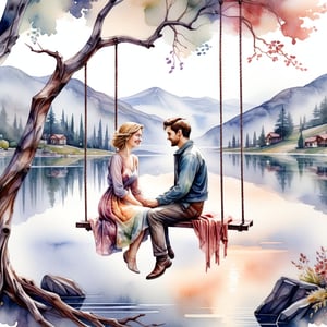 A close-up watercolor painting of a romantic couple sitting on a swing suspended from a tree branch, embracing and looking into each other's eyes, with a scenic view of a lake and misty mountains in the background, and their clothes flowing softly.