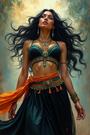  Foreshortening - looking up from the bottom. A very beautiful Arab woman with long flowing black wavy hair, dressed in a black skirt with patterns and accessories in turquoise and orange tones. Fantastically and fabulously, charming radiance, soft brush strokes, air movements, soft shining light, light layering, Radiant glare of sunlight, high detail. The background is a magical clearing. The material is oil on canvas.