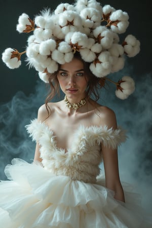  Photo from a Fashion magazine, smoky wave, Prima woman, dynamic pose, cotton flowers, fluffy dress with tiered layers of fluffy cotton, vines, eclecticism, diamond dust, neofolk, Zuhair Murad, High fashion, magically, magical, artistic photography, fantastic headdress made of blooming cotton, high detail, black dot, contrast, sharpness +100, focus on the eyes, contour on the body and face