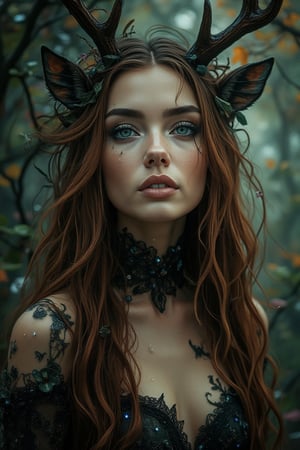   a woman with deer horns and ears, with luminous eyes and long brown hair, her body is covered with plants and flowers, Gothic, dark fantasy, deep shadows and cinematic light, a light smile and dark eye and lip makeup with sequins on the skin, intricate medieval outfit, magical fantasy, mystical image, background of a fabulous forest.