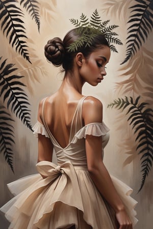   oil painting, fashion illustration, portrait of a young woman, two smooth perfect dark bunches on her head, tanned skin, looking down, beautiful shoulder line, short beige veil top, slim waist, short airy chiffon tutu, hands clutching black fern leaves, background-beige grunge.