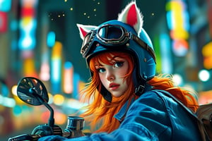 A girl, red hair, cat ears on her head, wearing a helmet, (in a blue suit), ((on a green sports motorcycle)), rides at high speed through the city at night