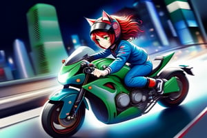 A girl, red hair, cat ears on her head, wearing a helmet, (in a blue suit), ((on a green sports motorcycle)), rides at high speed through the city at night