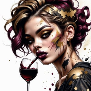  unrealistically beautiful girl scatters into pixels, disintegration, grunge decorations, beautiful complex makeup, parted lips, charismatic look, fashionable pose, fine ink drawing, coal black, wine, gold, khaki, ocher, drawing of details, hyperphotorealism, hyperdetailed, many details, design, high fashion.