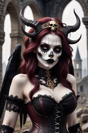 A magical, mystical, fantastic female creature in demonic form. A female figure with white skin and black clothing elements with a vintage lace-up corset. On the head there are large curved horns, luxurious black wings that look like skeletons, the face is beautiful and pale, with dark lips and expressive eyes. Burgundy - red thick hair, a halo resembling a golden halo is visible around the head. The overall style of the image resembles the Gothic aesthetics of dark fantasy. In the background are the distant ruins of ancient buildings.