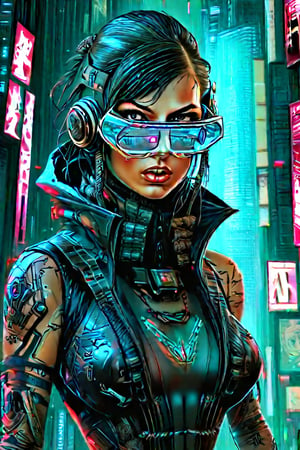 a reimagining in the style augmented reality art, Cyberpunk, (masterpiece:1.3), (perfect art:1.3), by Scott Fischer, portrait of a futuristic lady, stunning build, dynamic pose, geometric tattoo, with sapphire-gray eyes, high-tech low-life, neon-lit cities, corporate dominance, cybernetic enhancements, dystopian futures, hacker antiheroes, urban decay, AI and robotics, virtual reality escapism, noir aesthetics, underground movements, social stratification, futuristic weaponry, surveillance societies, shadowy megacorporations, digital underworld, cyber warfare, identity commodification, neon rebellion, gritty survival, technological disparity, (optimized clarity:1.3), by Tony DiTerlizzi, image should be informative details, 12k resolution, intricate design elements