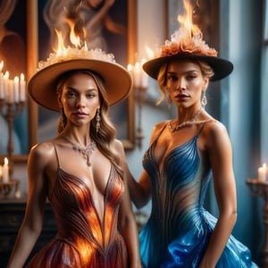  Two women in close-up, looking straight into the frame, one in a dress made of water, the other in a dress made of fire, they have beautiful hats and jewelry, dynamic graceful poses for photos, in a room decorated with candles and crystals, hyperrealism.