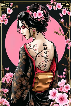 A beautiful geisha woman, in a black kimono with an open back, sakura tattoo and inscriptions on her back, an open box with sakura in her hands. The background is Chinese hieroglyphs, pink circle, roses. Detailed drawing.