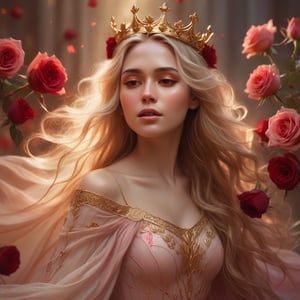 fantasy, woman, detailed face, flowing hair, flowing dress, golden crown, red roses, soft lighting, dreamy, romantic, magical, ethereal, warm color palette, gold, red, pink